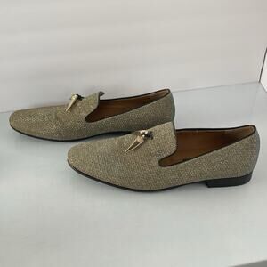 Giorgio Brutini Conquest Gold Aqua Blue Lurex Canvas Loafer Shoes With Gold 9.5M